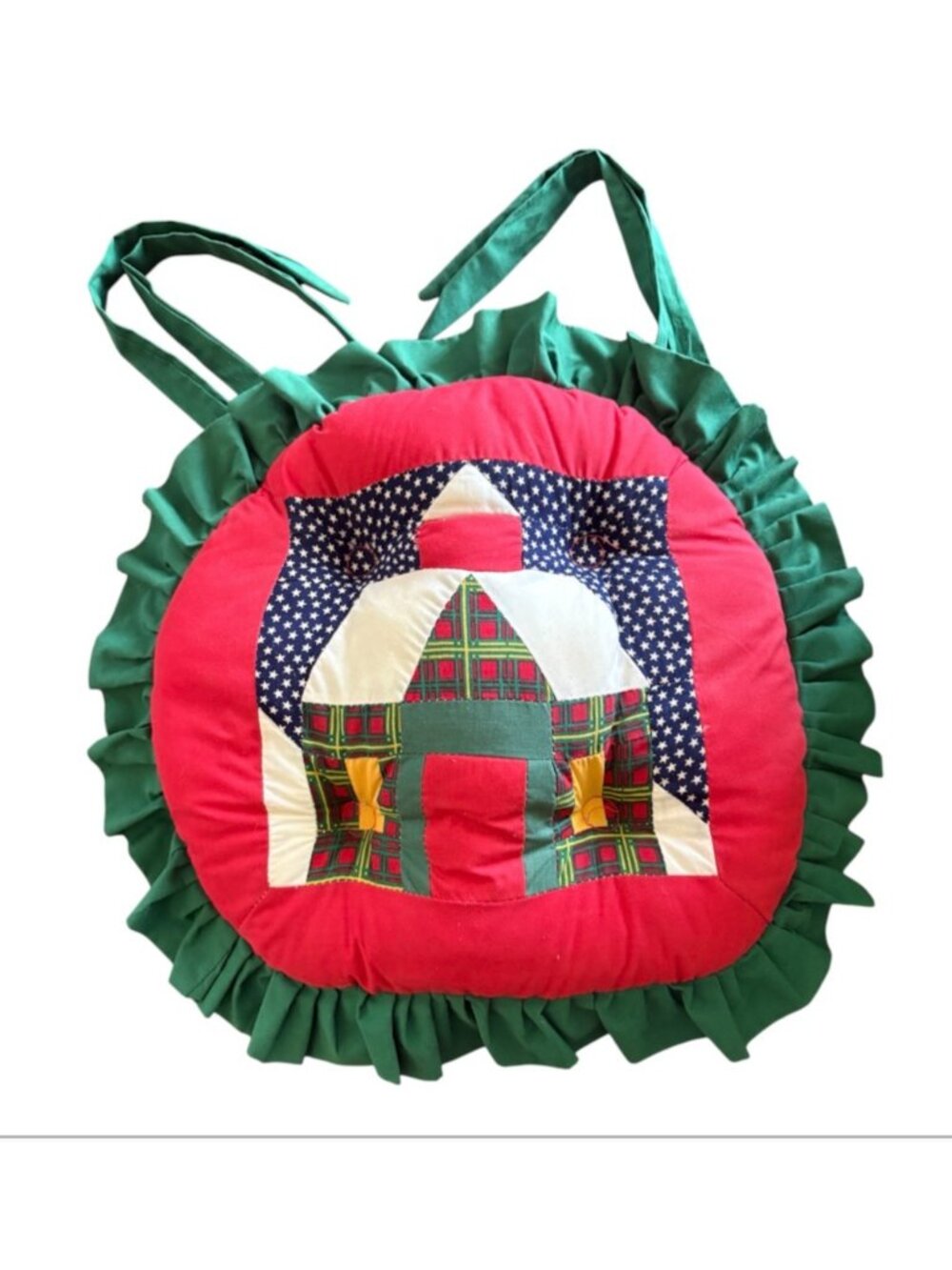 Vintage Handmade Quilted Christmas Chair Pad Holiday Church Patchwork Ruffle